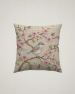 Embroidered Birds Cushion - Blue, Pink & Brown Feathers