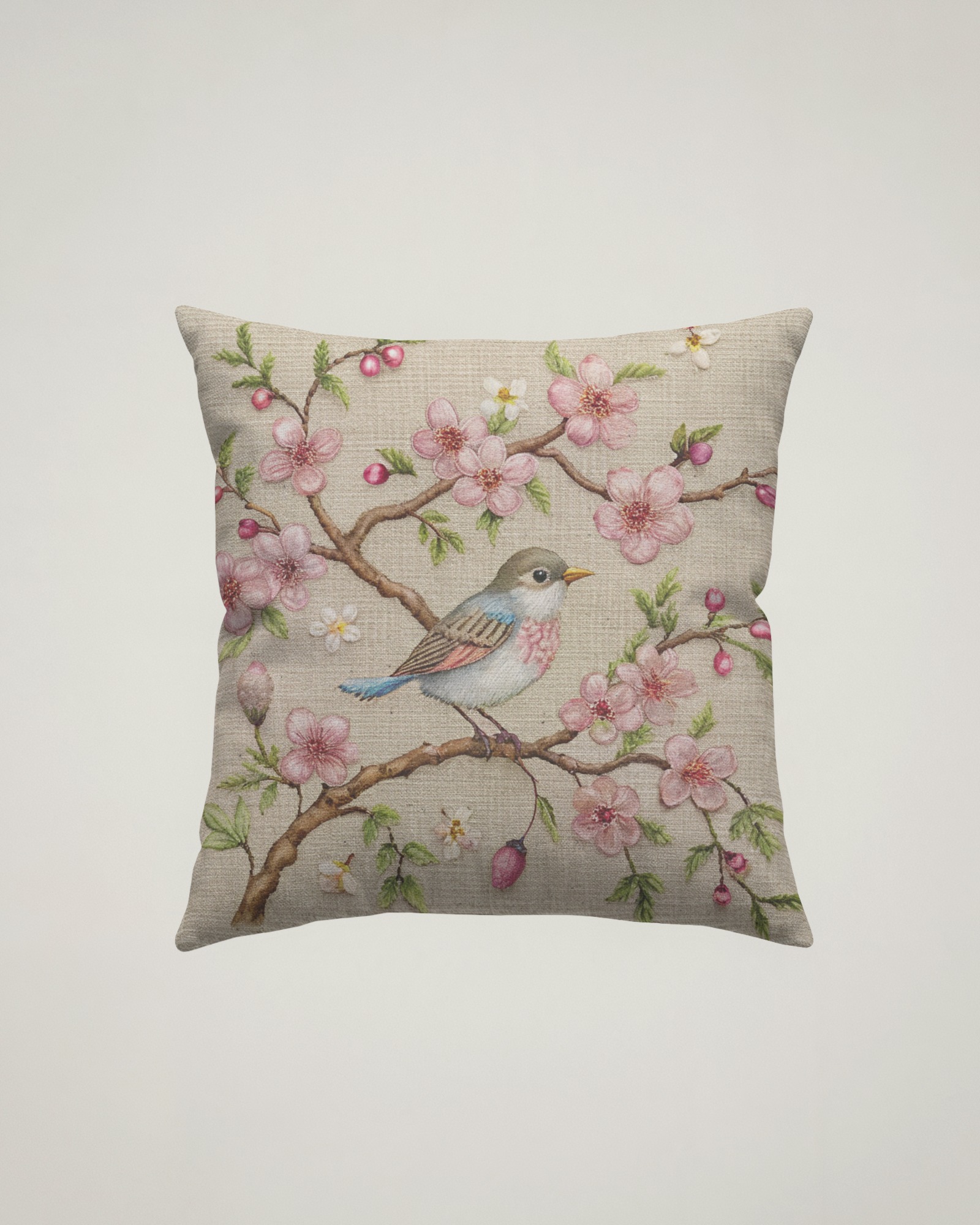 cus_birds_emb_012 Embroidered Birds Cushion - Blue, Pink & Brown Feathers - Image 1