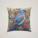 Embroidered Birds Cushion - Blue, Pink & White Feathers