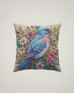 Embroidered Birds Cushion - Blue, Pink & White Feathers