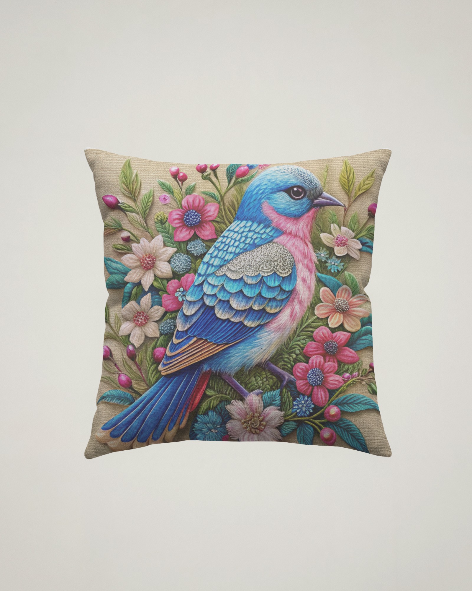 cus_birds_emb_037 Embroidered Birds Cushion - Blue, Pink & White Feathers - Image 1